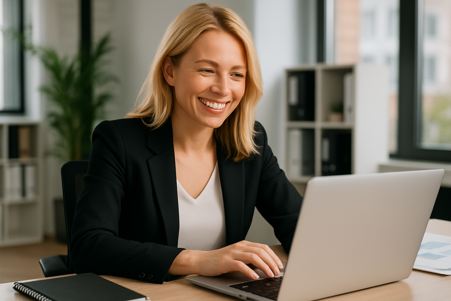 A blond Chief marketing Officer hard at work but smiling with no signage or stated title in the image-2