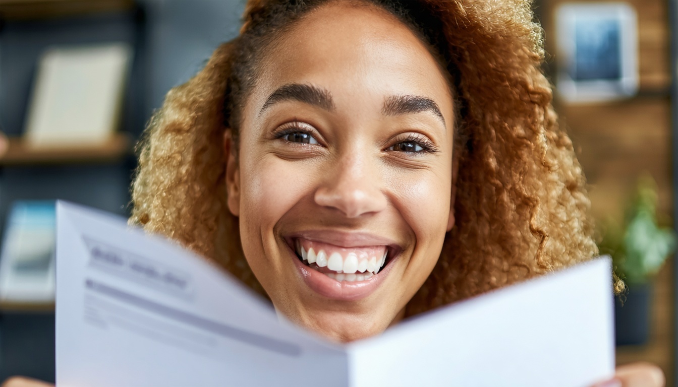 a happy persons face as they open a piece of direct mail they received-1