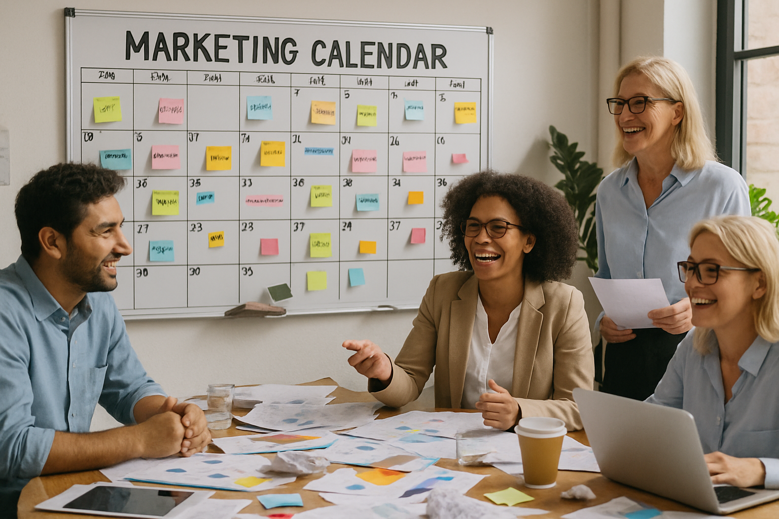 a marketing calendar on the wall of a chaotic conference room of during a strategic planning session of smiling people-1